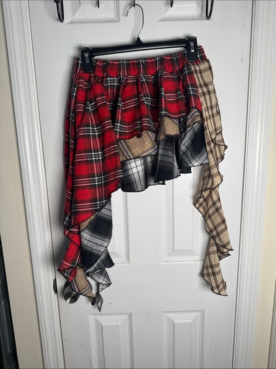 SHEIN Dresses & Skirts - SHEIN Mixed Plaid Asymmetrical Ruffle Mini Skirt in Red, Black & Tan